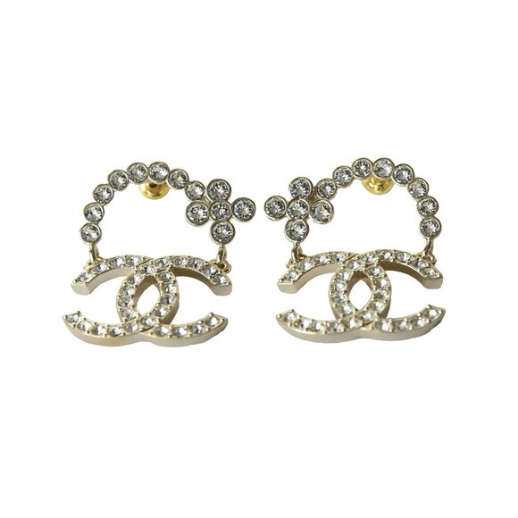 Chanel CC Flower Crystal Strass Stud Earrings Gold - Picture 1 of 2